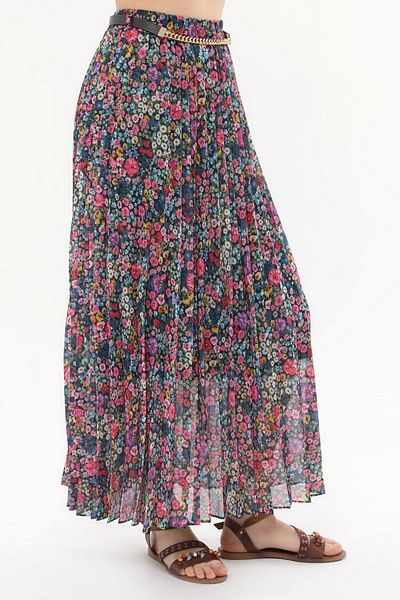 sehatex Pleated Chiffon Skirt - Patterned, Elastic Waist and Lined Qys