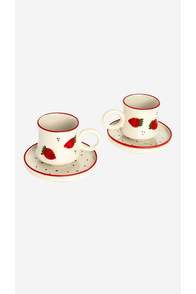 Gezdikçe Bilelim Set of 6 Strawberry Patterned Ceramic Sweater Cups - Brown