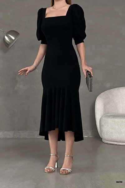 Planet Prestige Дълга рокля с къси принцески ръкави и квадратна деколте от черен креп