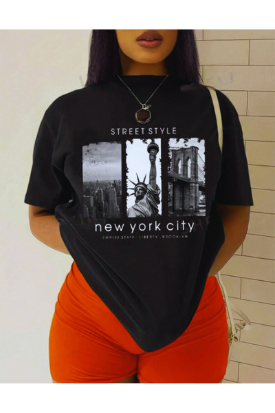 AEMİ Njujork Siti Štampano Žene Oversize kroj T-shirt - okrugla kragna