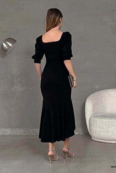 Planet Prestige Дълга рокля с къси принцески ръкави и квадратна деколте от черен креп