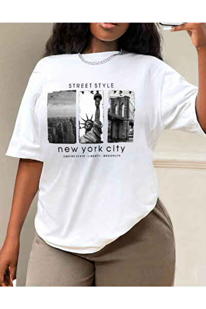 AEMİ Njujork Siti Štampano Žene Oversize kroj T-shirt - okrugla kragna