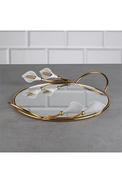 Niyoon Yuvarlak Aynalı Çiçekli Sunum Tepsisi Küçük Boy Gold