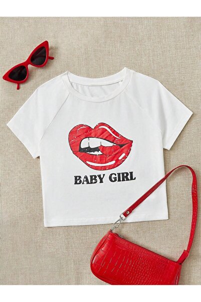 over head oh Tricou de damă cu imprimeu alb cu buze - fetiță
