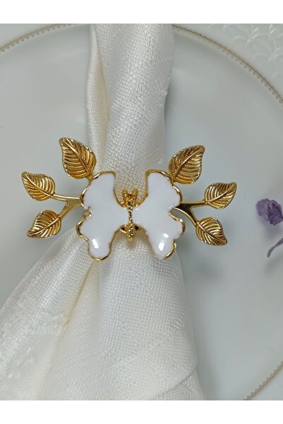 Aksesuar 6'lı yaprak detaylı beyaz mineli kelebek gold kaplama halka peçete y...