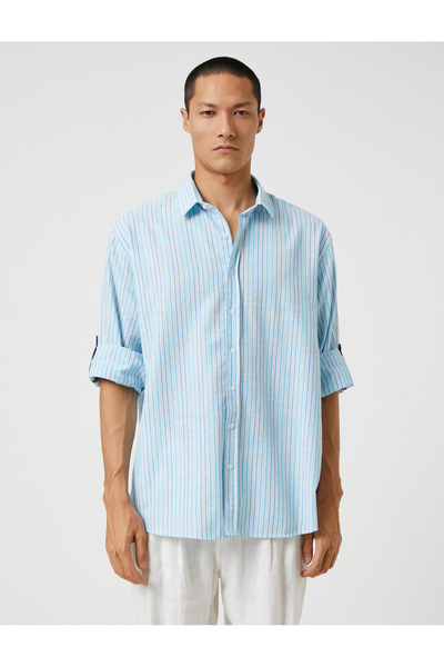 Koton Dokuma Gömlek Klasik Yaka Düğmeli Kıvrılabilir Kol Detaylı