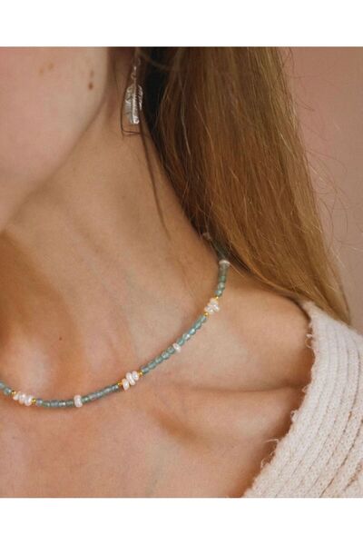 Hazeran accessories Gerçek İncili Mavi Ceyt Taşlı Kolye