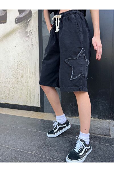 DENİKK Trend Star Pack UNİSEX BAGGY DENİM Roller Bermuda ŞORT BELİ LASTİKLİ