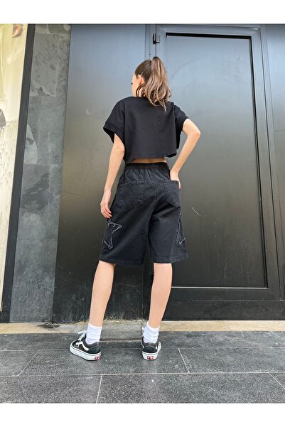 DENİKK Trend Star Pack UNİSEX BAGGY DENİM Roller Bermuda ŞORT BELİ LASTİKLİ