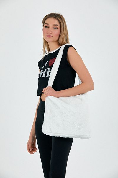 fluffy Geantă de tote Toscana albă / Geantă de școală de pluș pentru femei