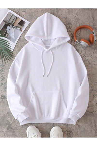 one button Hanorac alb unisex cu glugă și buzunar cangur