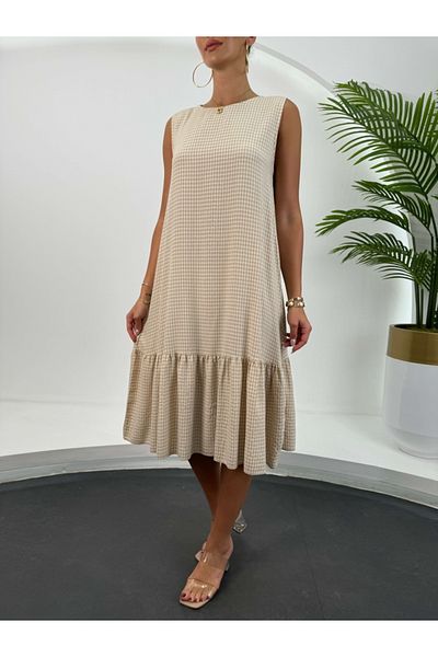 Elif Özbey Butik Μπεζ φόρεμα μηδενικό μανίκι πλισέ