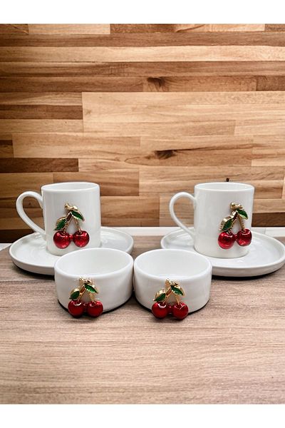 YzHome 2-Person Porcelain Cherry Cup Set and 2 Pieces of Porcelain White Cherry Sauce Bowl
