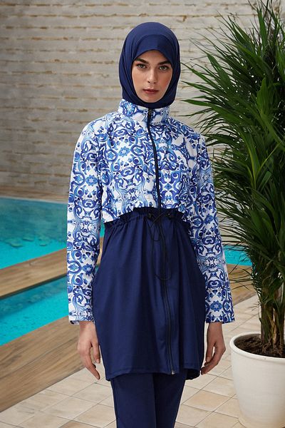 Trendyol Modest Blaues, vollständig bedecktes, 4-teiliges, gemustertes Badeanzug-Set TCTSS23CF00036