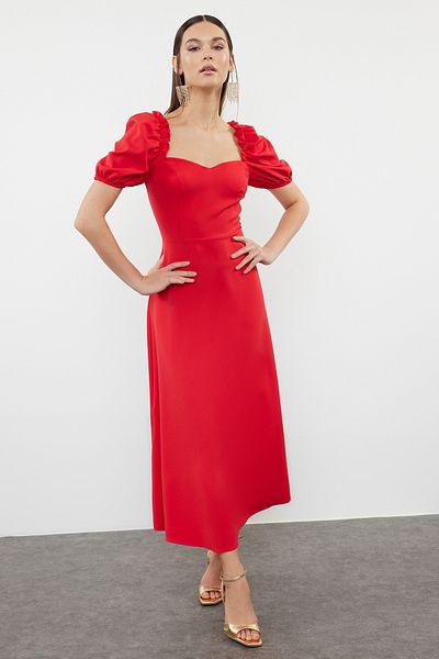 Trendyol Collection Stylish Red A-Cut Balloon Sleeve Evening Dress - TPRSS24EL00195