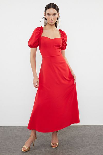 Trendyol Collection Stylish Red A-Cut Balloon Sleeve Evening Dress - TPRSS24EL00195