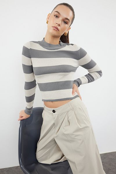 Trendyol Collection Anthracite Color Blocked Cotton Crop Knitwear Sweater - Twoaw20Kz0255