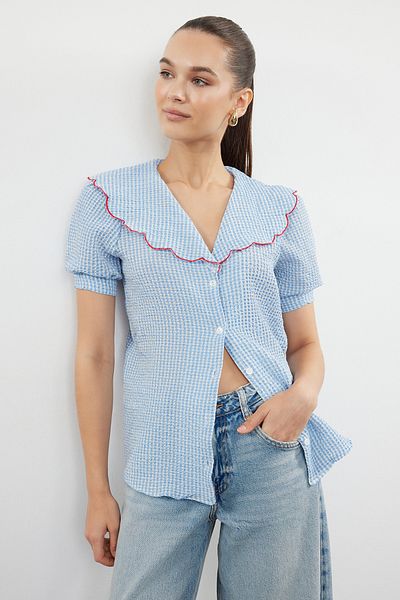 Trendyol Collection Cămașă cu mânecă cu balon în carouri, guler pentru bebeluși - TWOSS24GO00201