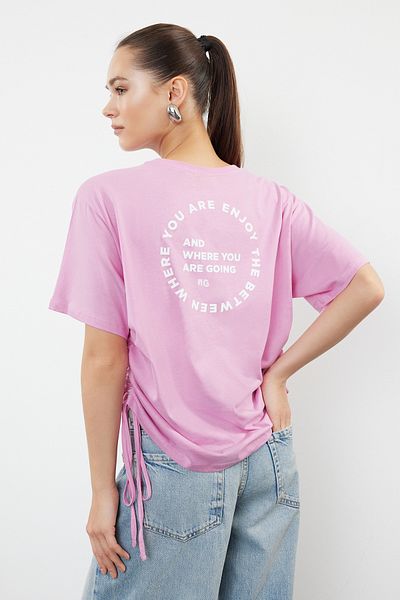 Trendyol Collection Kötött túlméretes póló - rózsaszín, 100% pamut, hátul és elöl nyomott TWOSS23TS00150