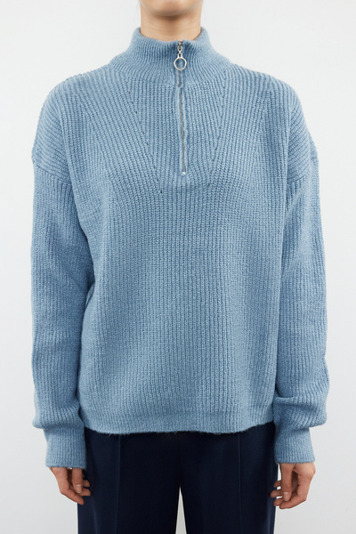 Trendyol Collection Pulover tricotaj cu fermoar cu textura moale albastru închis TWOAW20XS0009