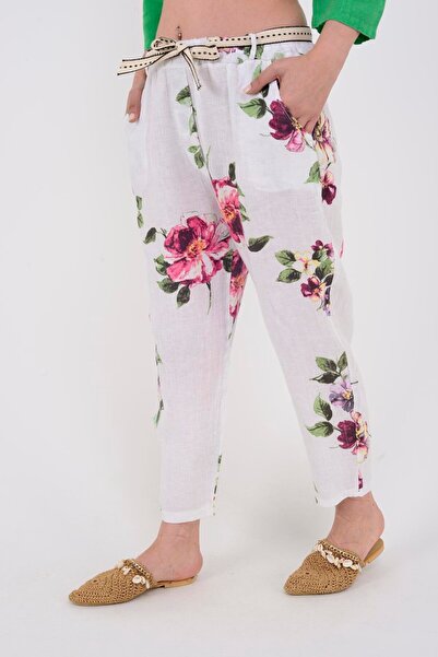 Park Moda Жіночі штани з поясом, детальний квітковий візерунок, італійський льон, морквяний колір