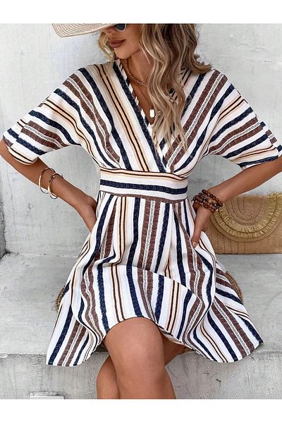 hazelin Γυναικείο κρεμ Navy Blue Εισαγόμενο λινό φόρεμα με λαιμόκοψη V χωρίς επένδυση HZL24S-FRY 121021