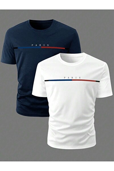 coolart طقم تي شيرت باريس مخطط ملون مكون من قطعتين - أزرق داكن وأبيض، وأكمام ...