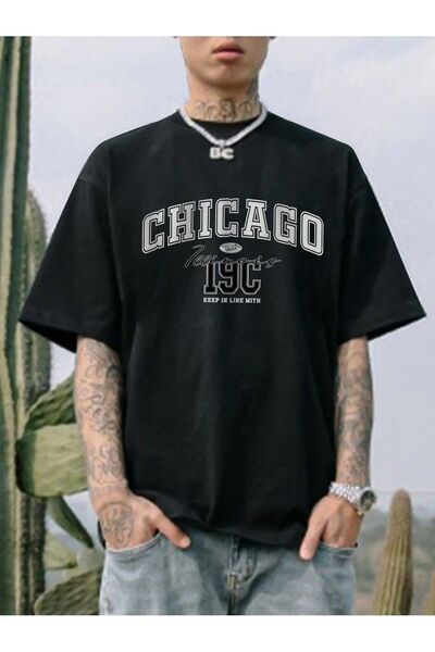 coolart Μπλουζάκι Chicago 19C - Μαύρο με στάμπα, Oversize, Καλοκαιρινό κοντομ...