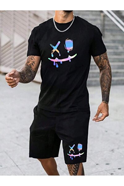 coolart Tricou colorat cu imprimeu - Set negru cu pantaloni scurți și tricou,...