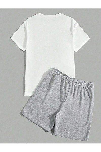modaberry White Gray Triangle UFO Logo T-Shirt and Shorts - Printed Crew Neck Set