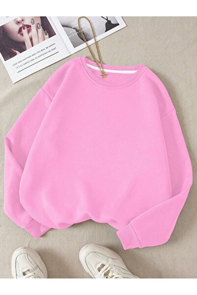 coolart Baskısız Kalın Kışlık Sweatshirt - Pembe Oversize Şardonlu Bisiklet Yaka