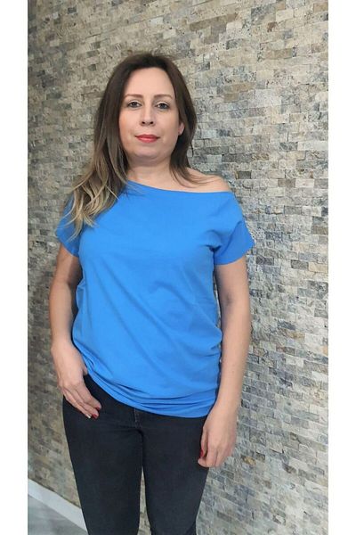 SİSTERS2HC Tricou albastru din țesătură mercerizată din viscoză, cu un singur umăr