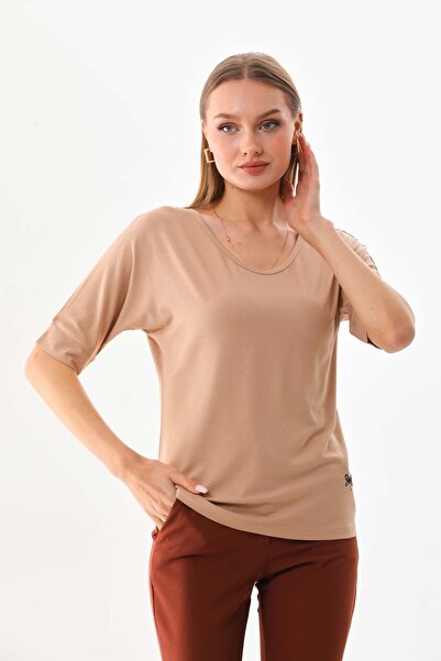 Sistas Women's Crew Neck Short Sleeve Blouse 23009 Camel
