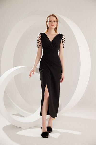 DORİDORCA Plus Size Jewelled and Embellished Detail Double Breasted Collar Doridorca Black Evening Dress 6092