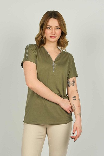 ELLA CAMELIA Women's Zippered Short Sleeve Blouse 20E038 Khaki