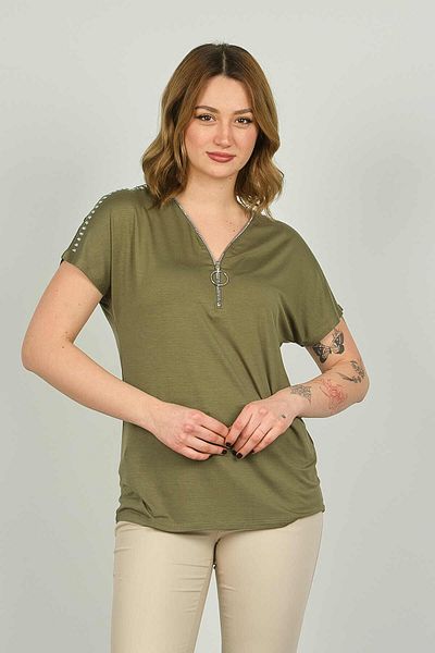 ELLA CAMELIA Women's Zippered Short Sleeve Blouse 20E038 Khaki
