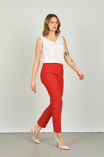 F&A Textile Women's Ankle Length Double Pocket Skinny Fit Pants 7001 Red