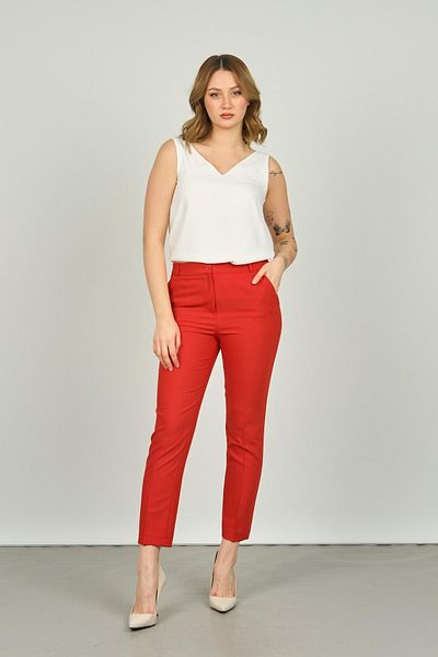 F&A Textile Women's Ankle Length Double Pocket Skinny Fit Pants 7001 Red