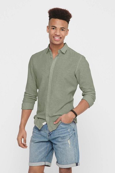 Only & Sons Ανδρικό λινό πουκάμισο Slim Fit Πράσινο 22012321