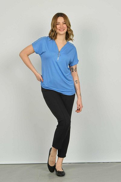ELLA CAMELIA Γυναικεία κοντομάνικη μπλούζα με φερμουάρ 20E038 Μπλε