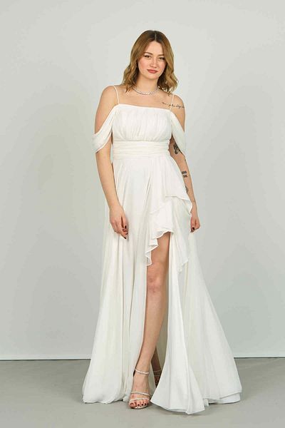 Dans Women's Low Sleeve Rope Strap Deep Slit Long Evening Dress 1380 Ecru