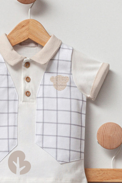 Cassiope Baby Boy Three Teddy 2-Piece Set Plaid Pocket Detailed Polo Collar T-shirt and Shorts 3 Months-6 Months-9 Months