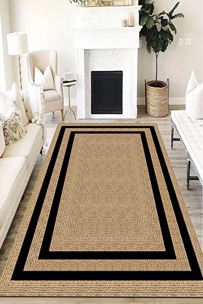 Else Halı Dijital Kaymaz Kahverengi Jüt Görünümlü Siyah Çerçeveli Yıkanabilir...