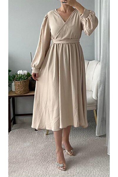 PatutA ButiK Taş Rengi Kruvaze Yaka Kuşaklı Elbise