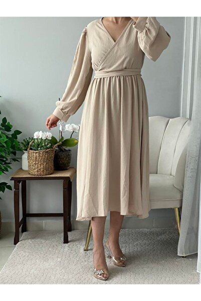 PatutA ButiK Taş Rengi Kruvaze Yaka Kuşaklı Elbise
