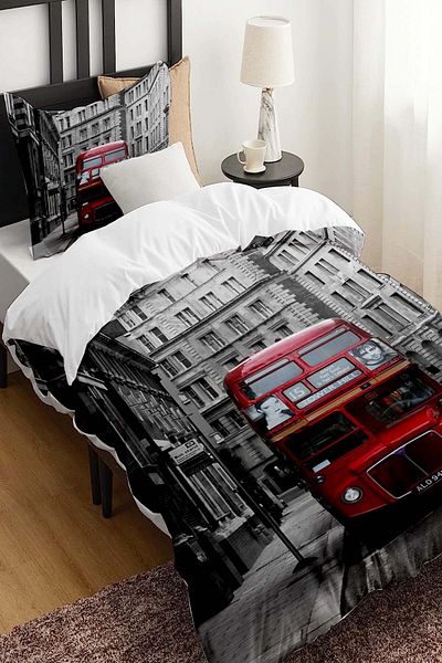 Else Dekor Red Bus Patterned - Set de lenjerie de pat pentru copii din satin de bumbac, single