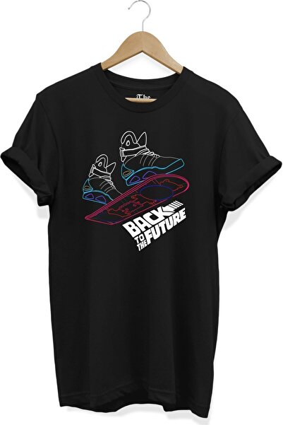 The Baski تي شيرت أسود بأكمام قصيرة مطبوع عليه أحذية العودة إلى المستقبل للجنسين