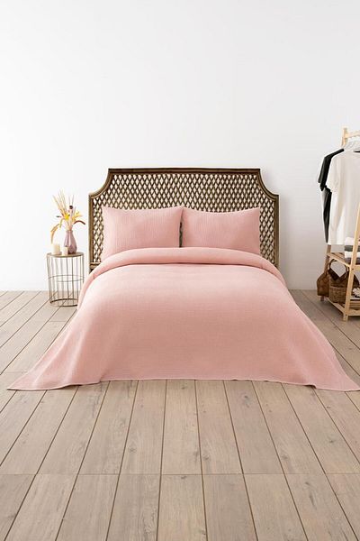 Denizli Concept Double Powder Pink Waffle Pique Set - Soft and Comfortable, Multi-Purpose Blanket - 3 Pieces