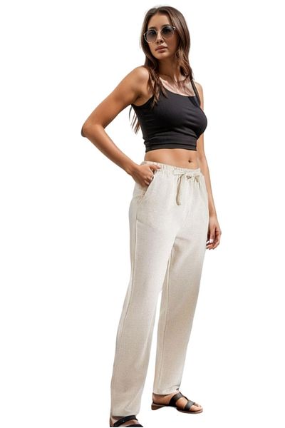 Cassime Linen Belted Women's Carrot Trousers with Pockets - Cream