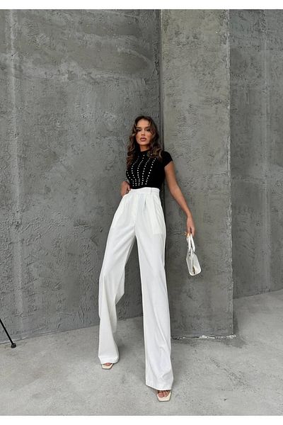 Tommes Butik Velcro Closure Double Fabric Palazzo Women's Trousers - White